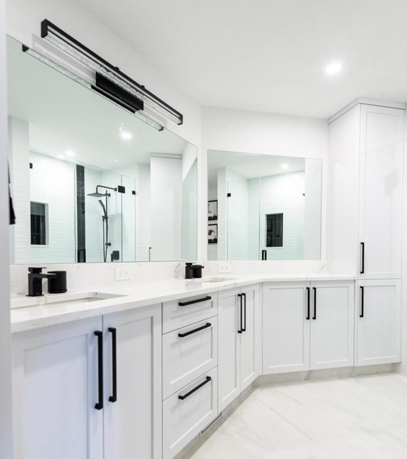 Raise white bathroom counters with black handles